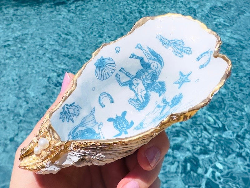 Coastal Cowgirl Oyster Shell Dishes, Handmade in Texas Western Trinket Jewelry Holder with Pearls