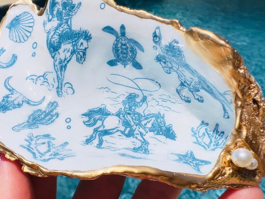 Coastal Cowgirl Oyster Shell Dishes, Handmade in Texas Western Trinket Jewelry Holder with Pearls