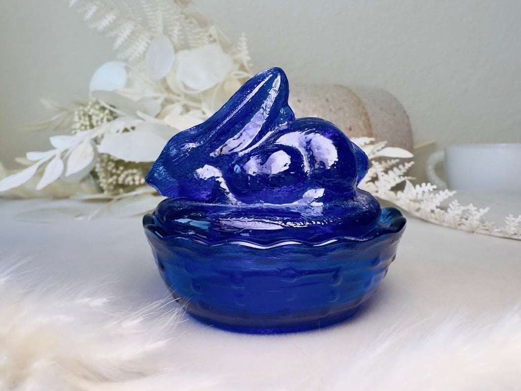 Cobalt Blue Vintage Bunny Trinket Box, Royal Blue Rabbit in Basket Glass Miniature Jewelry Box