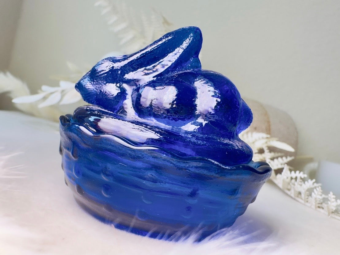 Cobalt Blue Vintage Bunny Trinket Box, Royal Blue Rabbit in Basket Glass Miniature Jewelry Box