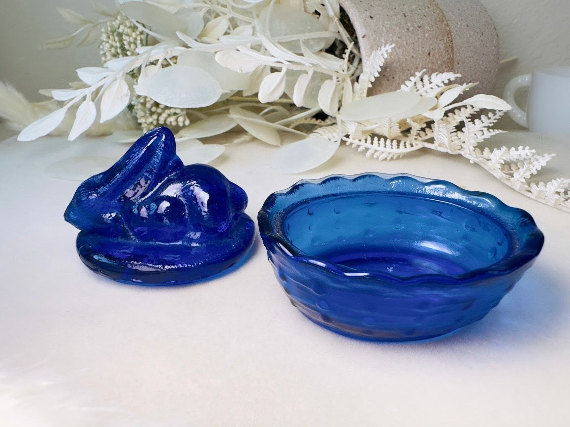 Cobalt Blue Vintage Bunny Trinket Box, Royal Blue Rabbit in Basket Glass Miniature Jewelry Box