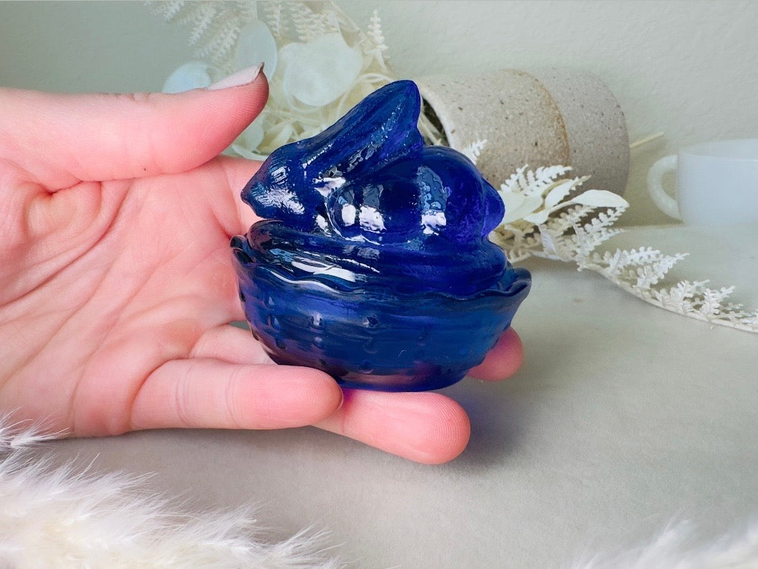 Cobalt Blue Vintage Bunny Trinket Box, Royal Blue Rabbit in Basket Glass Miniature Jewelry Box