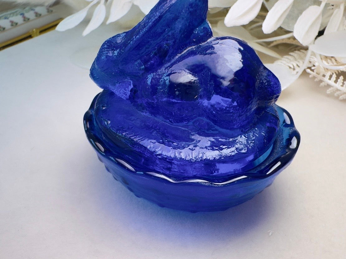 Cobalt Blue Vintage Bunny Trinket Box, Royal Blue Rabbit in Basket Glass Miniature Jewelry Box