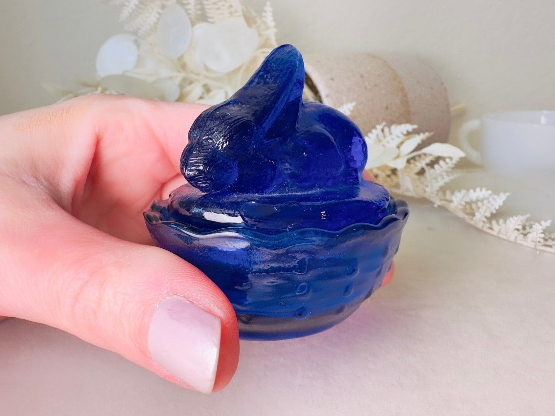 Cobalt Blue Vintage Bunny Trinket Box, Royal Blue Rabbit in Basket Glass Miniature Jewelry Box