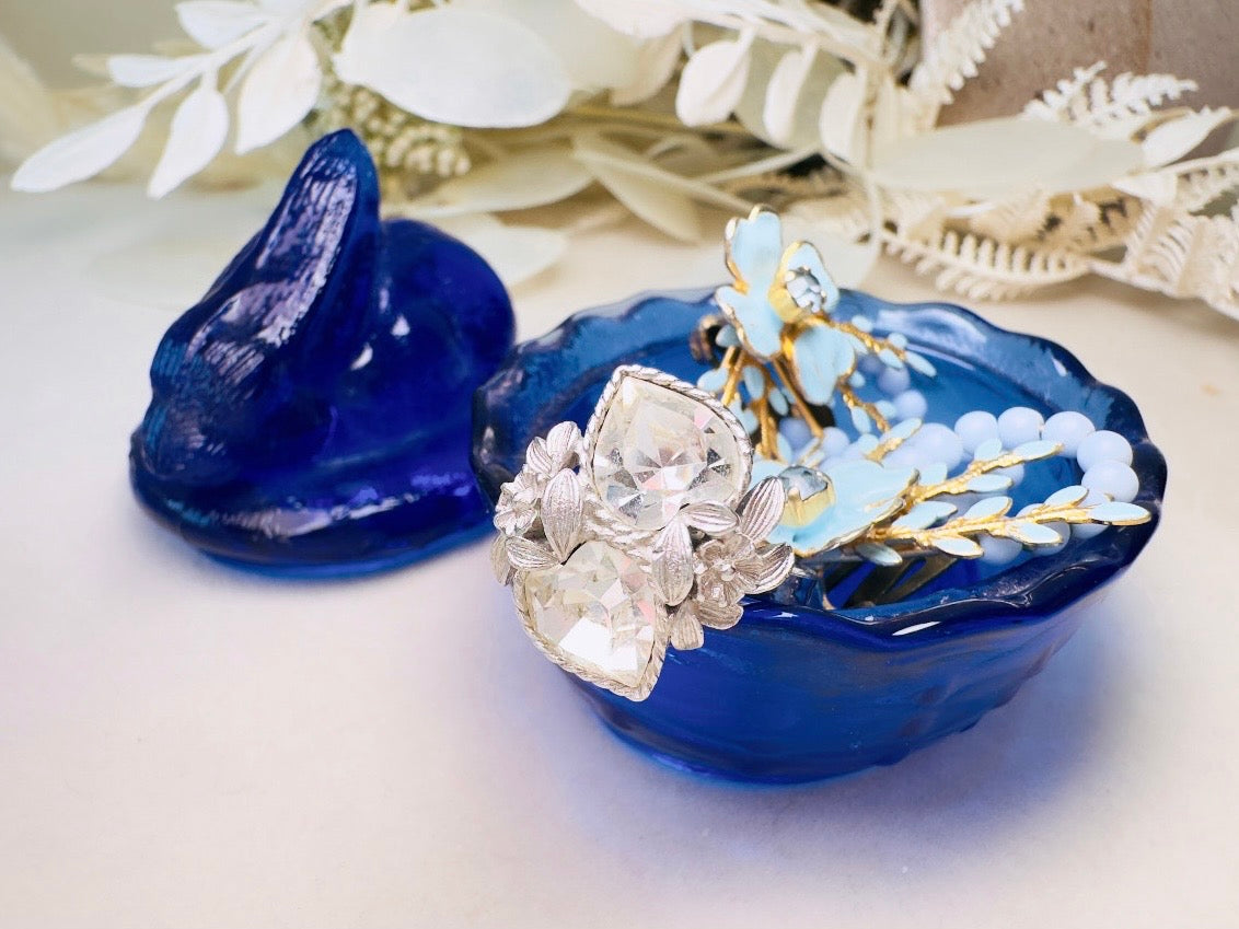 Cobalt Blue Vintage Bunny Trinket Box, Royal Blue Rabbit in Basket Glass Miniature Jewelry Box