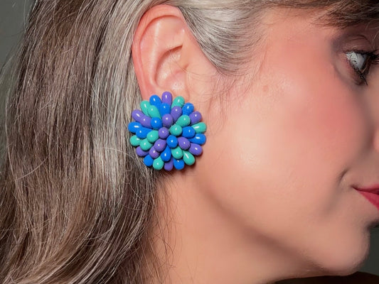 Colorful 60s Vintage Earrings, Oversized Beaded Pom Pom Earrings in Blue, Purple and Green