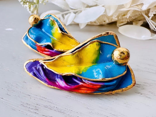 Colorful Designer Amy Lacombe Statement Earrings, Rainbow Hand Sculpted 24K Gold RARE 1980s Collectible Avant Garde Wearable Art Earrings