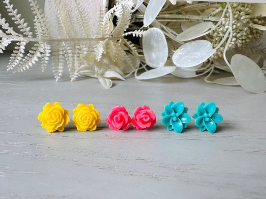 Colorful Flower Earring Set, Yellow Pink Teal Rose Post Earrings