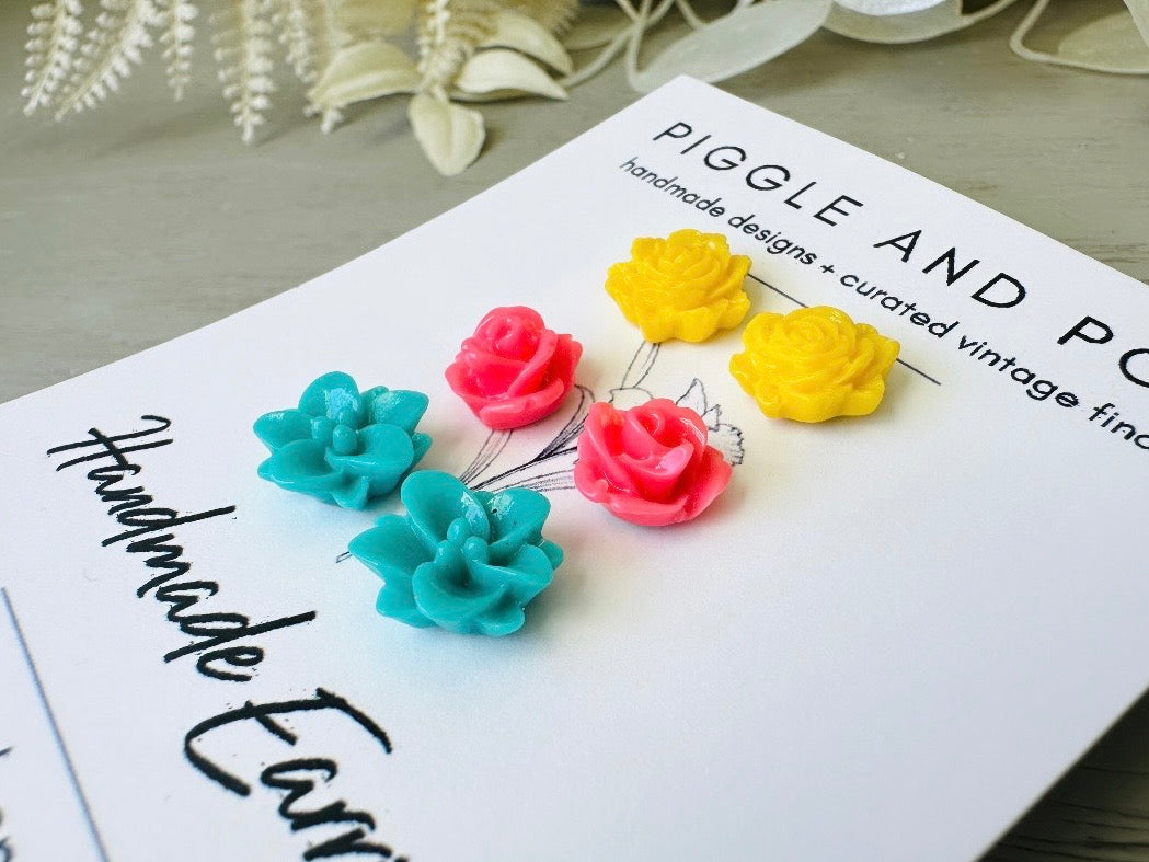 Colorful Flower Earring Set, Yellow Pink Teal Rose Post Earrings close up