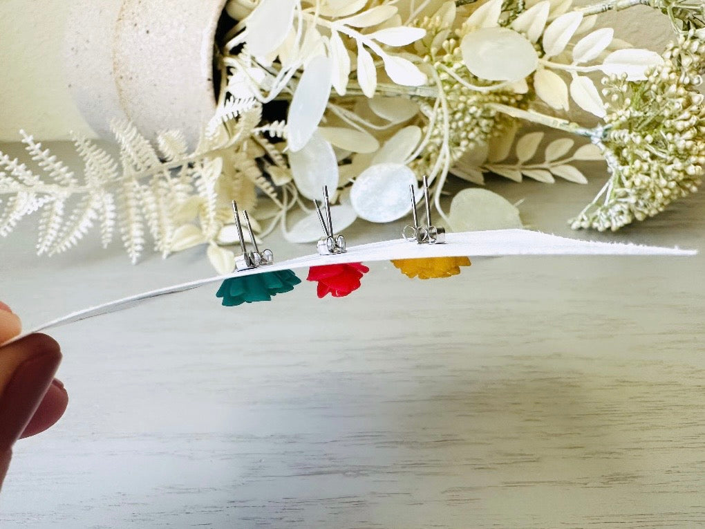 Colorful Flower Earring Set, Yellow Pink Teal Rose Post Earrings view of post backs