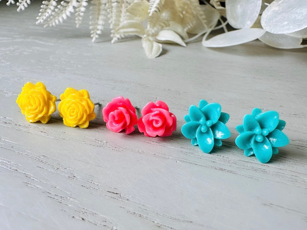 Colorful Flower Earring Set, Yellow Pink Teal Rose Post Earrings side view