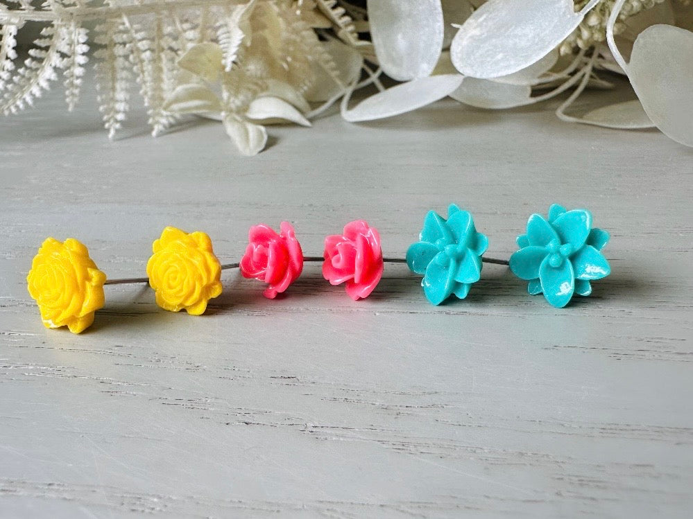 Colorful Flower Earring Set, Yellow Pink Teal Rose Post Earrings side close up