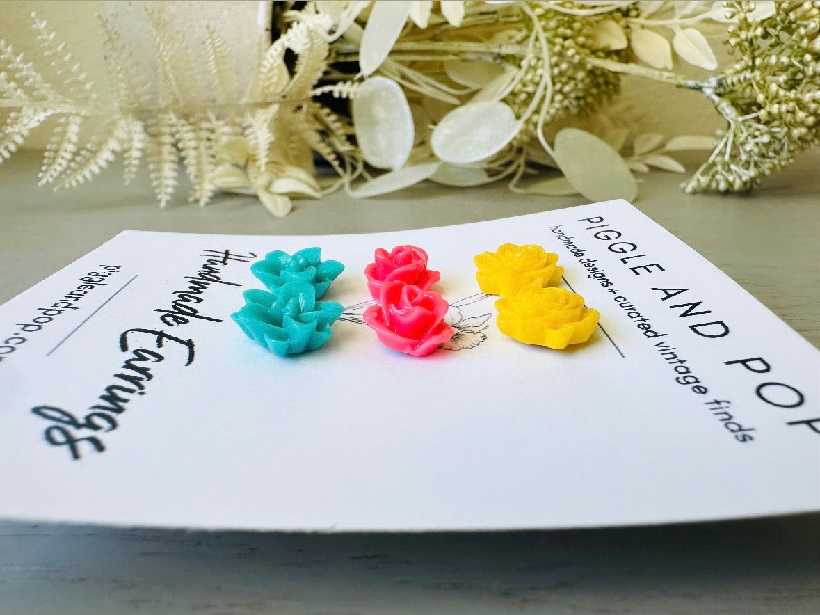 Colorful Flower Earring Set, Yellow Pink Teal Rose Post Earrings from Piggle and Pop