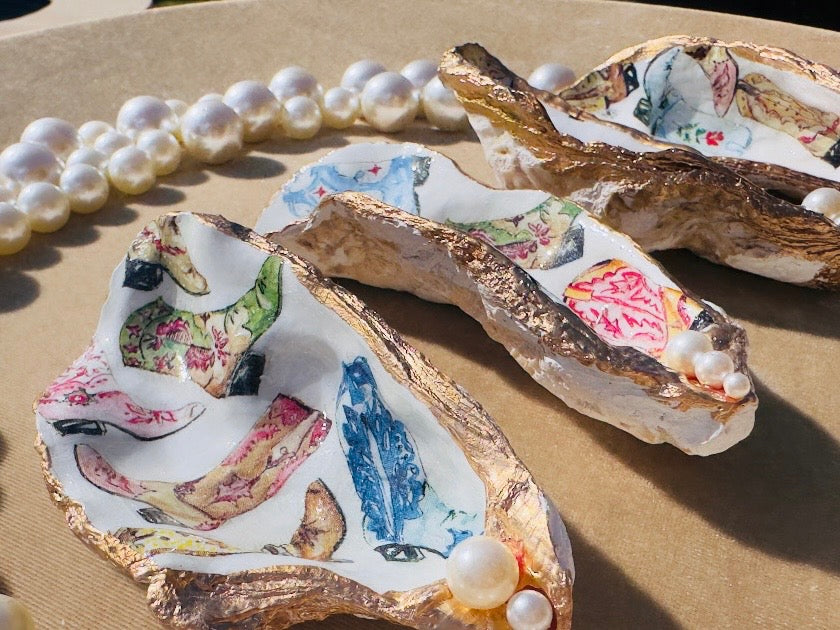 Cowboy Oyster Shell Dishes, Handmade in Texas Western Coastal Trinket Dish Jewelry Holder with Pearls