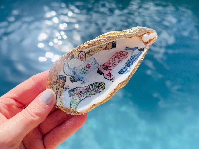 Cowboy Oyster Shell Dishes, Handmade in Texas Western Coastal Trinket Dish Jewelry Holder with Pearls