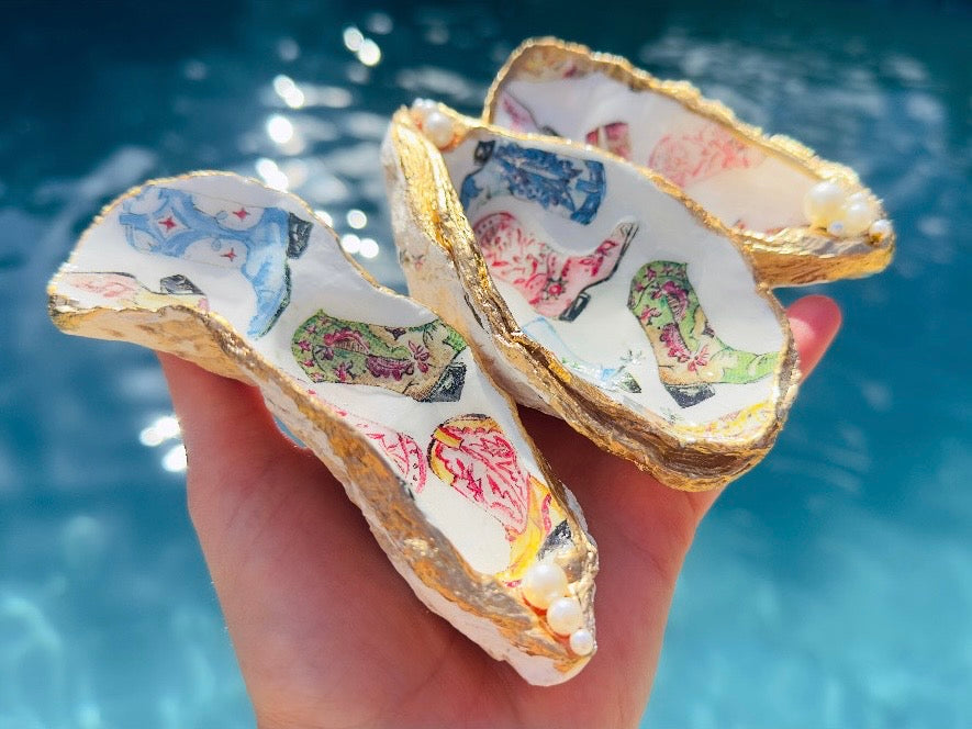 Cowboy Oyster Shell Dishes, Handmade in Texas Western Coastal Trinket Dish Jewelry Holder with Pearls