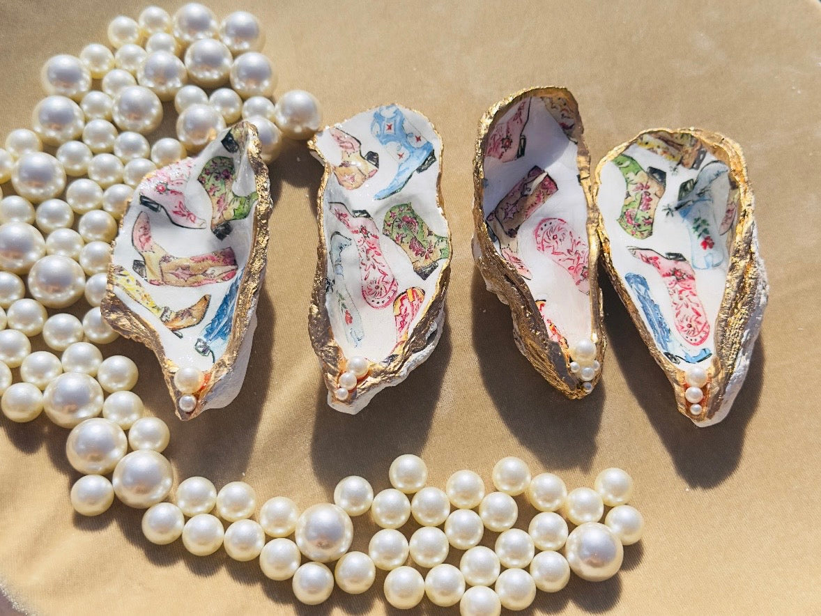 Cowboy Oyster Shell Dishes, Handmade in Texas Western Coastal Trinket Dish Jewelry Holder with Pearls