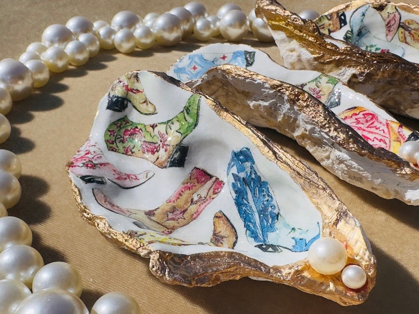 Cowboy Oyster Shell Dishes, Handmade in Texas Western Coastal Trinket Dish Jewelry Holder with Pearls