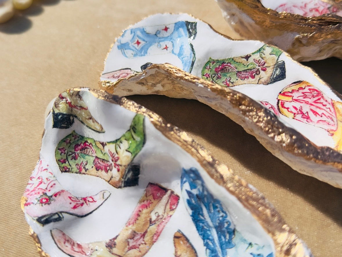 Cowboy Oyster Shell Dishes, Handmade in Texas Western Coastal Trinket Dish Jewelry Holder with Pearls