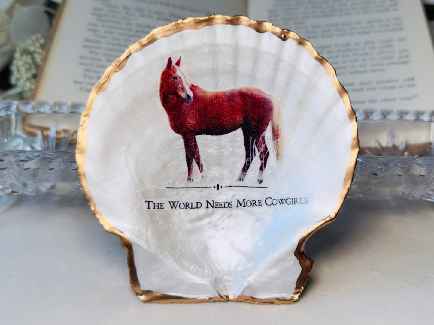 Cowgirl Trinket Dish, Handmade Horse Scallop Shell Western Jewelry Holder, Made in Texas