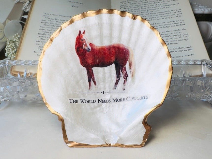 Cowgirl Trinket Dish, Handmade Horse Scallop Shell Western Jewelry Holder, Made in Texas