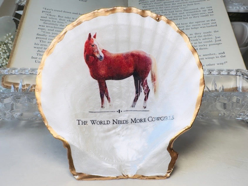 Cowgirl Trinket Dish, Handmade Horse Scallop Shell Western Jewelry Holder, Made in Texas