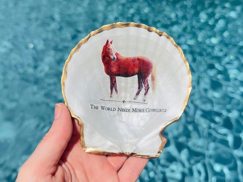 Cowgirl Trinket Dish, Handmade Horse Scallop Shell Western Jewelry Holder, Made in Texas