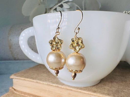 Cream Pearl Earrings, Handmade Gold Flower + Pearl Earrings, Classic French Hook Dangle Earrings, Simply Beautiful Bridal Jewelry