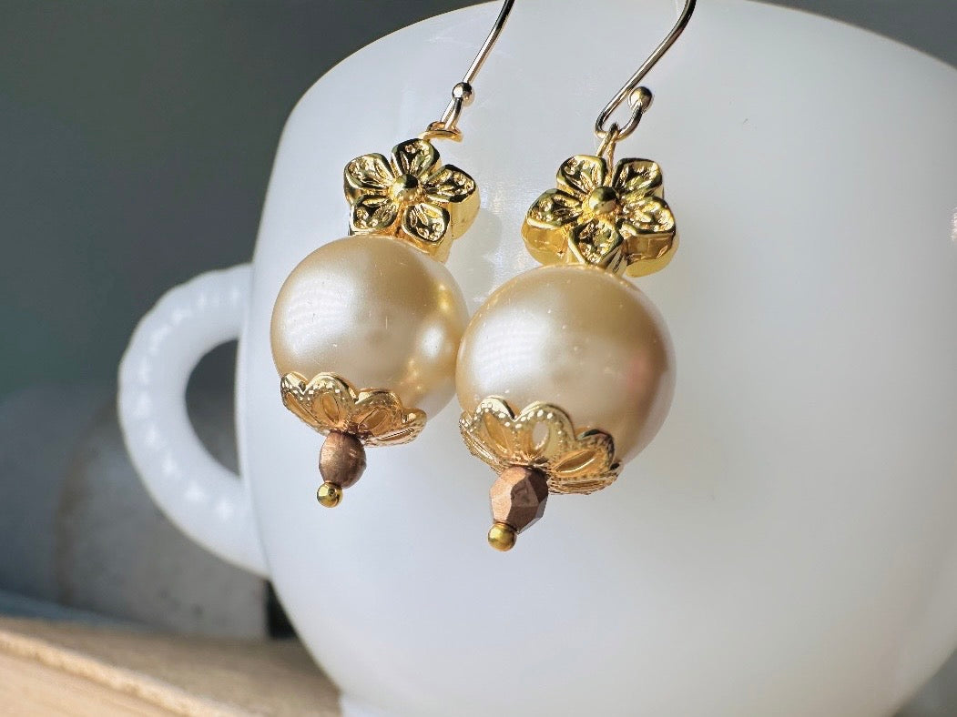 Cream Pearl Earrings, Handmade Gold Flower + Pearl Earrings, Classic French Hook Dangle Earrings, Simply Beautiful Bridal Jewelry