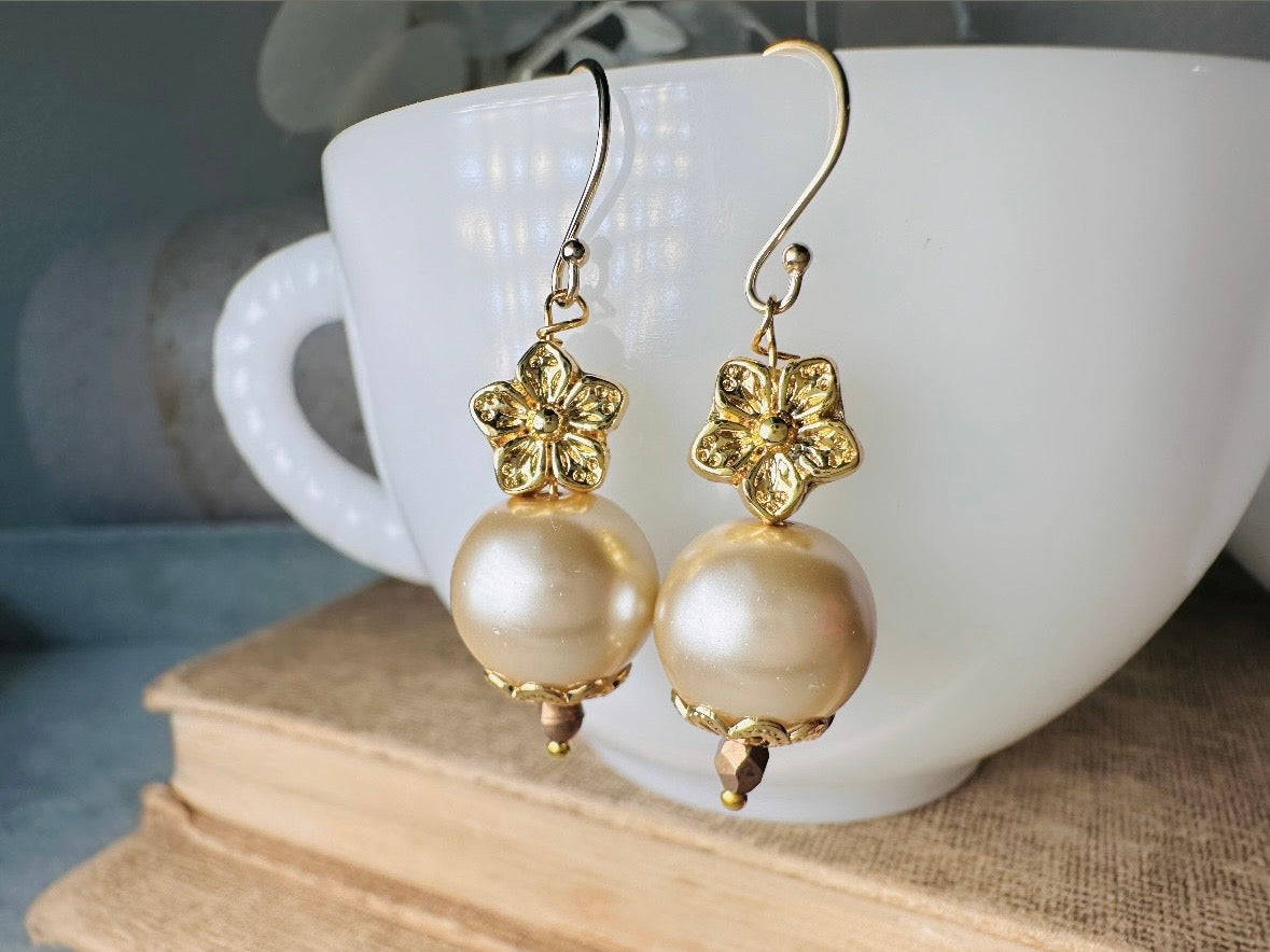 Cream Pearl Earrings, Handmade Gold Flower + Pearl Earrings, Classic French Hook Dangle Earrings, Simply Beautiful Bridal Jewelry