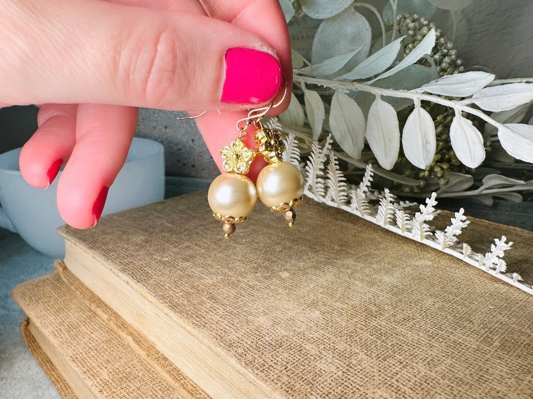Cream Pearl Earrings, Handmade Gold Flower + Pearl Earrings, Classic French Hook Dangle Earrings, Simply Beautiful Bridal Jewelry