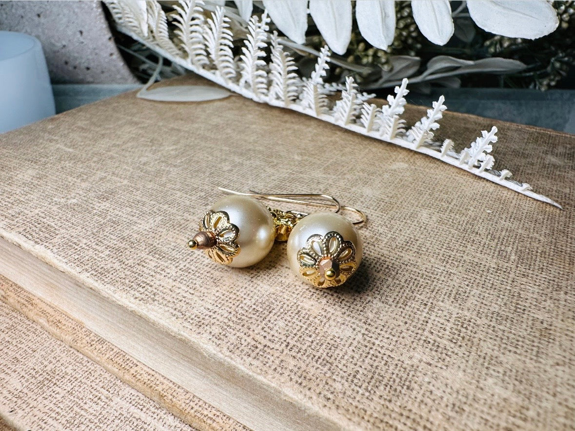 Cream Pearl Earrings, Handmade Gold Flower + Pearl Earrings, Classic French Hook Dangle Earrings, Simply Beautiful Bridal Jewelry