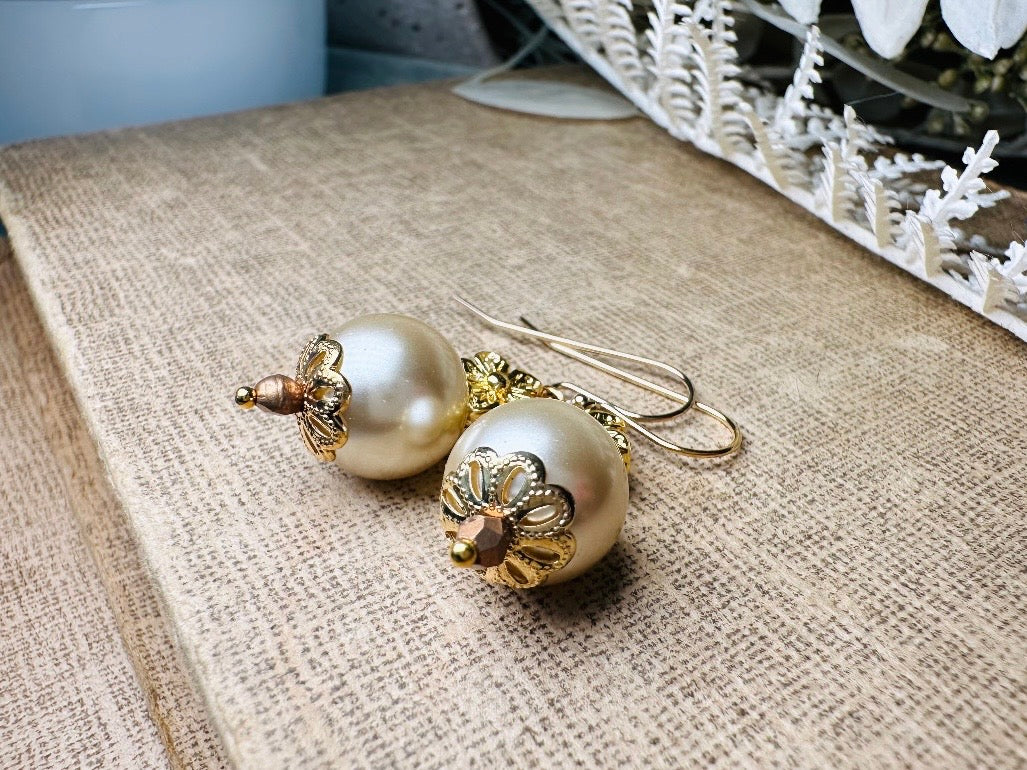 Cream Pearl Earrings, Handmade Gold Flower + Pearl Earrings, Classic French Hook Dangle Earrings, Simply Beautiful Bridal Jewelry