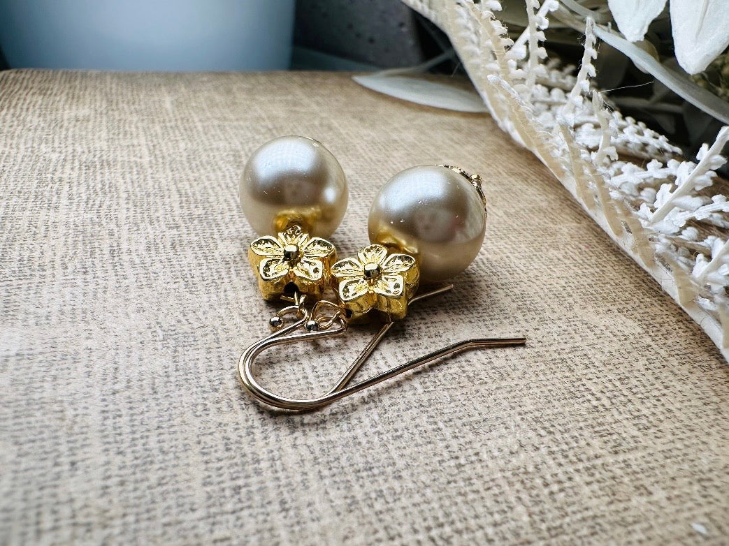 Cream Pearl Earrings, Handmade Gold Flower + Pearl Earrings, Classic French Hook Dangle Earrings, Simply Beautiful Bridal Jewelry