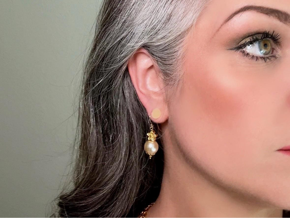Cream Pearl Earrings, Handmade Gold Flower + Pearl Earrings, Classic French Hook Dangle Earrings, Simply Beautiful Bridal Jewelry
