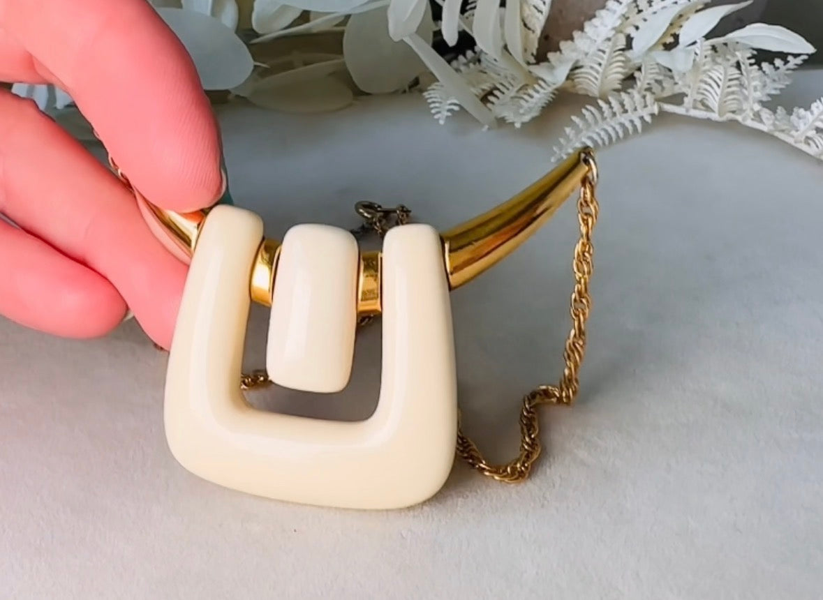 Crown Trifari Necklace, Vintage 1970s Abstract Geometric Gold and Cream Lucite Statement Necklace