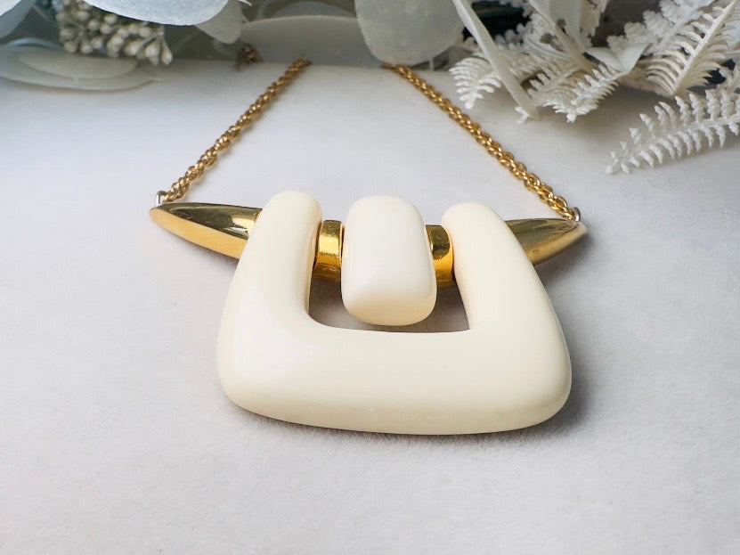 Crown Trifari Necklace, Vintage 1970s Abstract Geometric Gold and Cream Lucite Statement Necklace