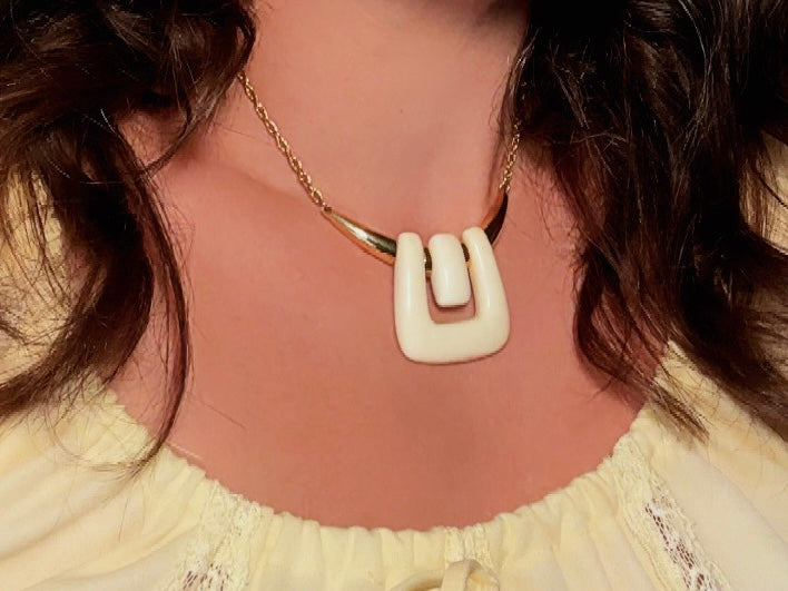 Crown Trifari Necklace, Vintage 1970s Abstract Geometric Gold and Cream Lucite Statement Necklace
