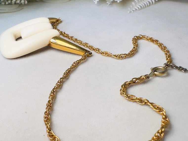 Crown Trifari Necklace, Vintage 1970s Abstract Geometric Gold and Cream Lucite Statement Necklace