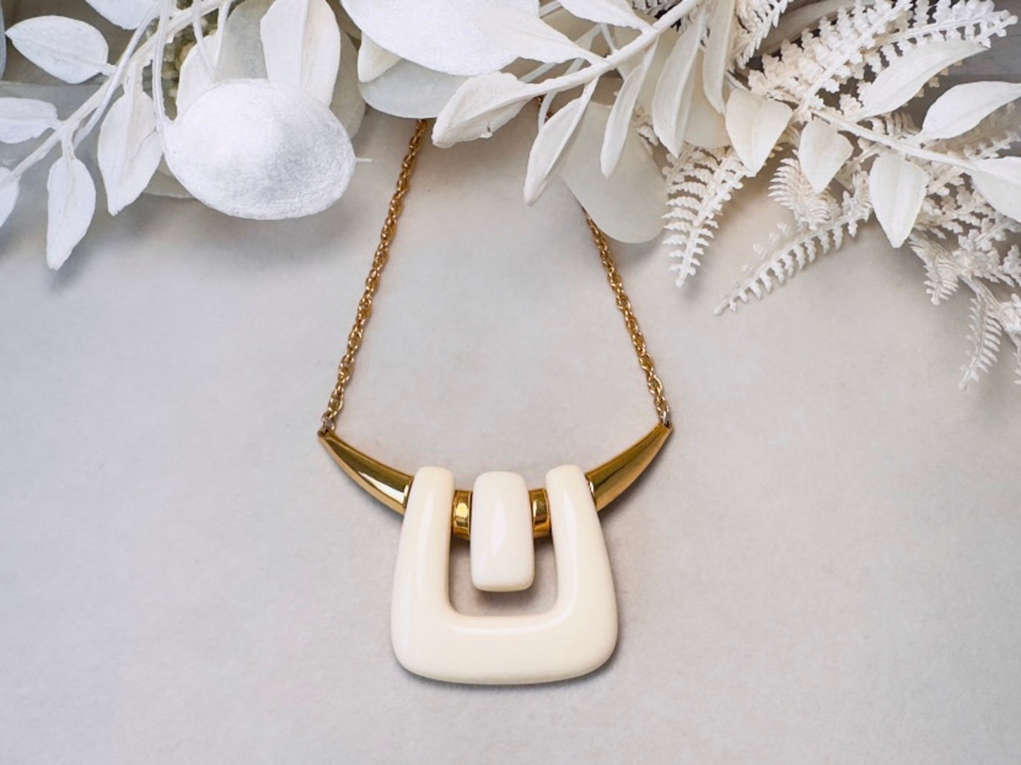 Crown Trifari Necklace, Vintage 1970s Abstract Geometric Gold and Cream Lucite Statement Necklace