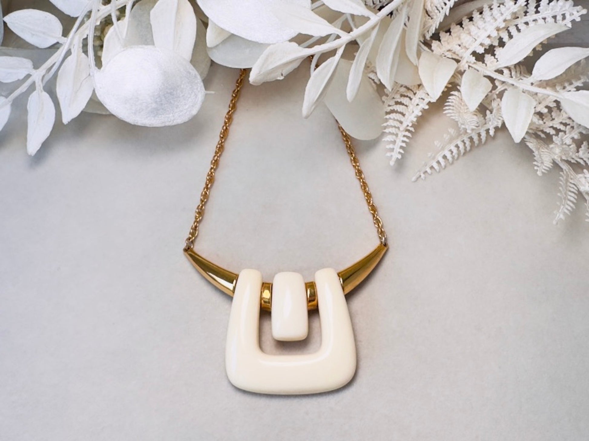 Crown Trifari Necklace, Vintage 1970s Abstract Geometric Gold and Cream Lucite Statement Necklace