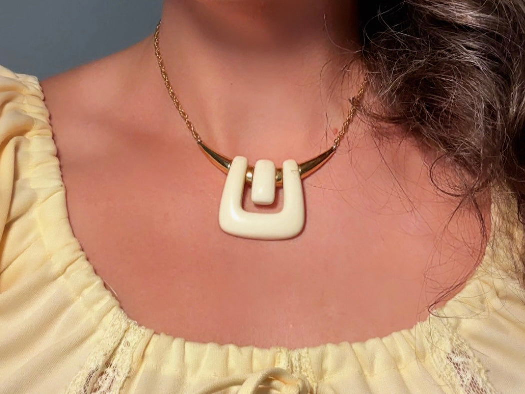 Crown Trifari Necklace, Vintage 1970s Abstract Geometric Gold and Cream Lucite Statement Necklace