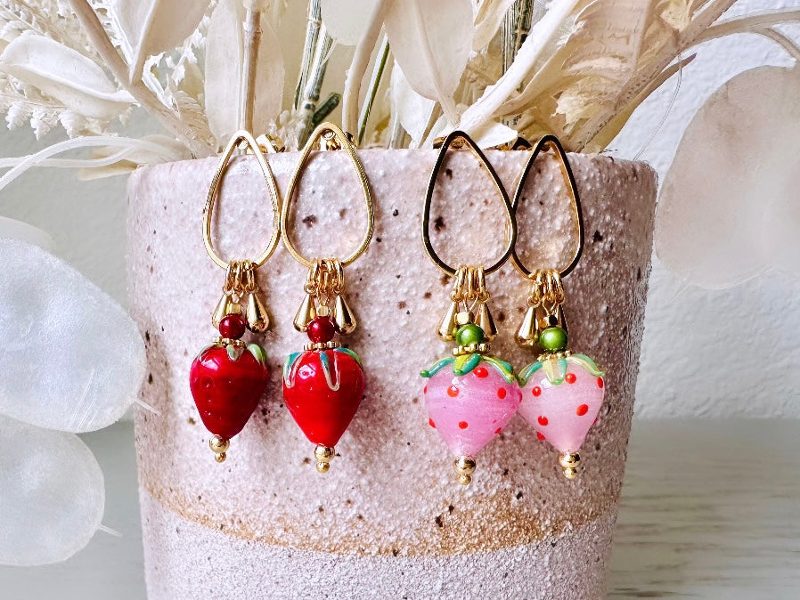 Strawberry Earrings, Original Handmade 24k Gold + Murano Glass Earring, Unique Fruit Charm Earrings, Glass Strawberry Earrings Pink or Red from Piggle and Pop