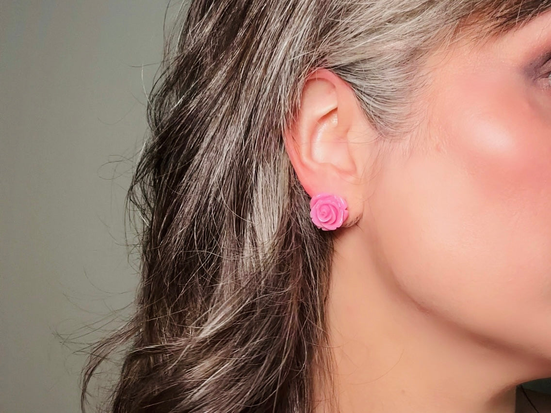 Purple Rose Stud Earrings, Lilac Purple Studs, Large Rose Earrings, Resin Cabochon Rosettes, Purple Bridesmaid Jewelry, Floral Jewelry Gifts