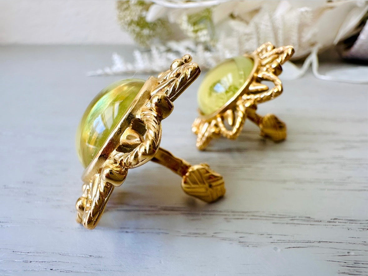 Vintage Signed Trifari Jelly Belly Sun Earrings, Gorgeous Moonglow Chartreuse Domed Glass Earrings, Clip On Trifari Designer Vintage Earring