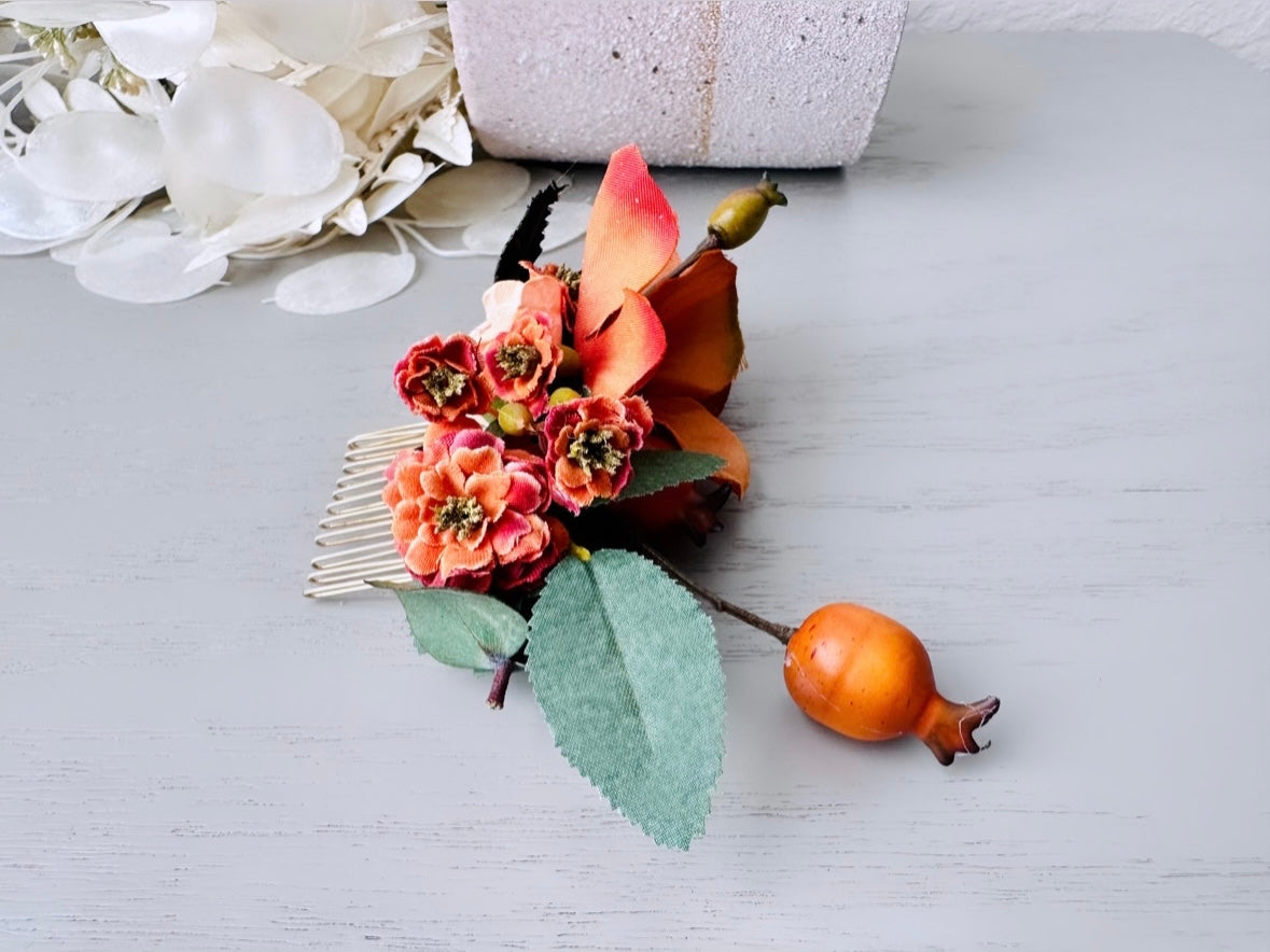 Autumn hair comb - wedding hair piece pearl, brass, something old high quality something new, orange, brown