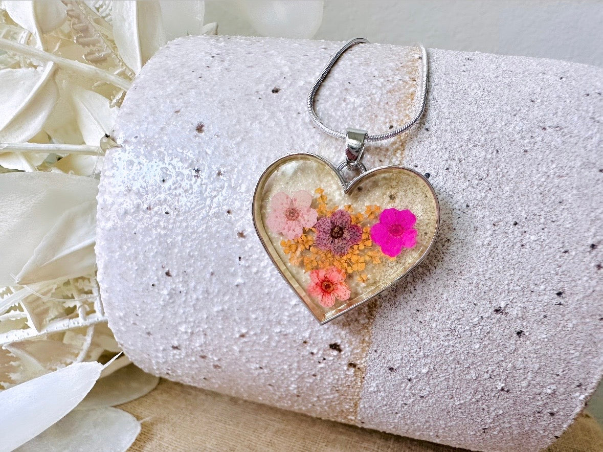 Dried Flower Heart Necklace, Pink Orange and Yellow Pressed Flower Pendant Necklace on Silver 16" Skinny Snake Chain, Cute Heart Necklace