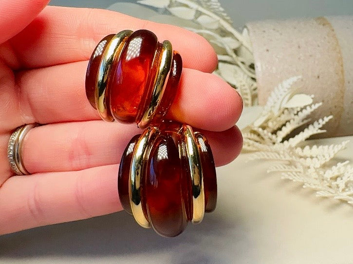 KJL Vintage Amber Lucite Double Ribbed Huggie Earrings