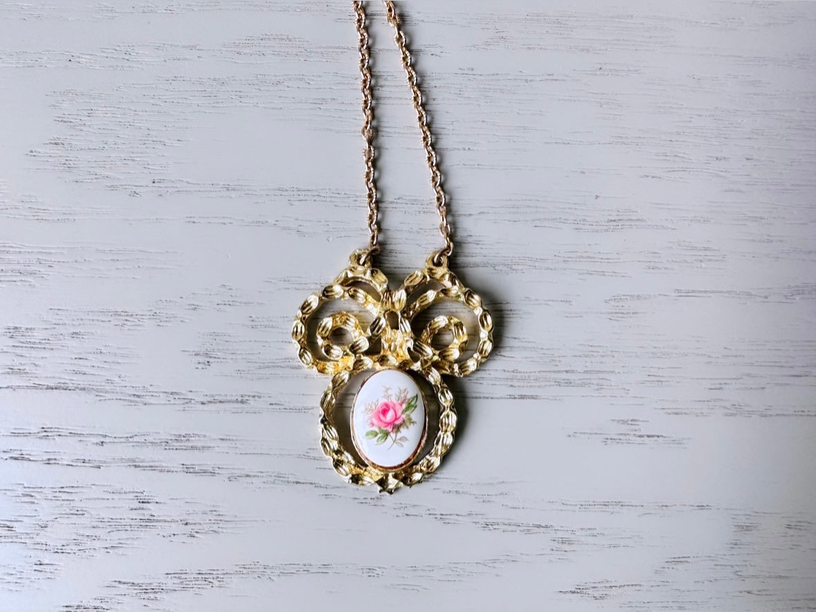 Pink Rose Cameo Necklace, Vintage Gold Tone Floral Pendant Necklace, Whimsical Porcelain Rose Flower Pendant Necklace, Long 24" Gold Chain