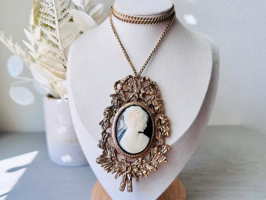 Victorian Cameo Necklace, Huge Antique Gold Pendant Necklace with Black and Cream Raised Cameo Statement Necklace, Victorian Revival Cameo